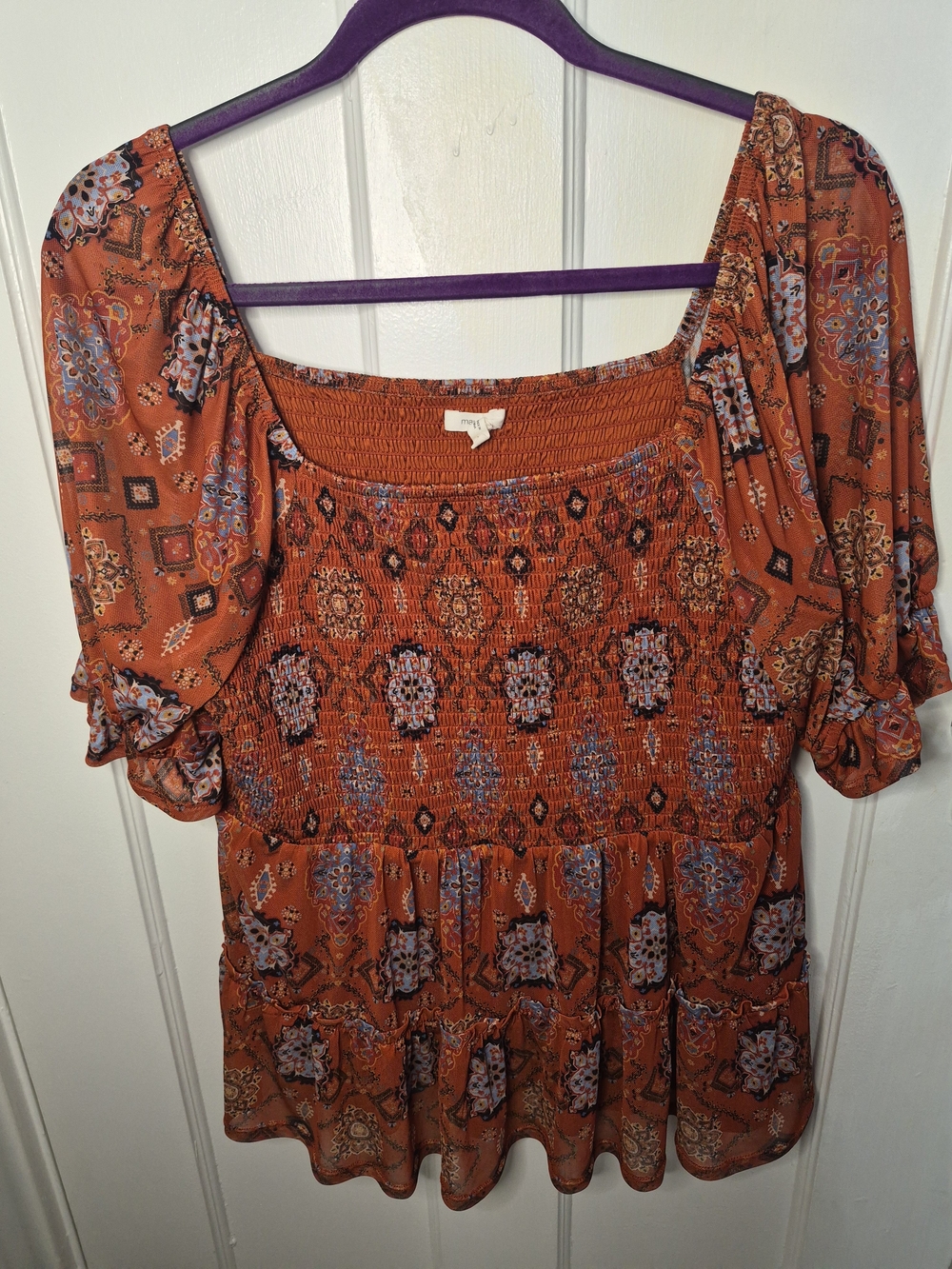Maurices Rust Orange Smocked Boho Square-Neck Tunic